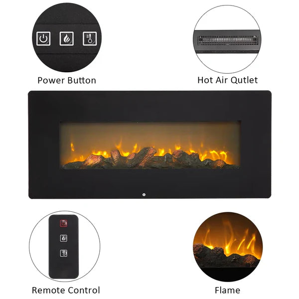 Purebath Fireplace Heaters Indoor Electric Room Heater with Remote, Wall Hanging Space Heater 3D 1400W Electric Fireplace Heater with Realistic Fake Wood 3 Flame Settings, 42"x4.2"x17", CSA Certified, Q6657