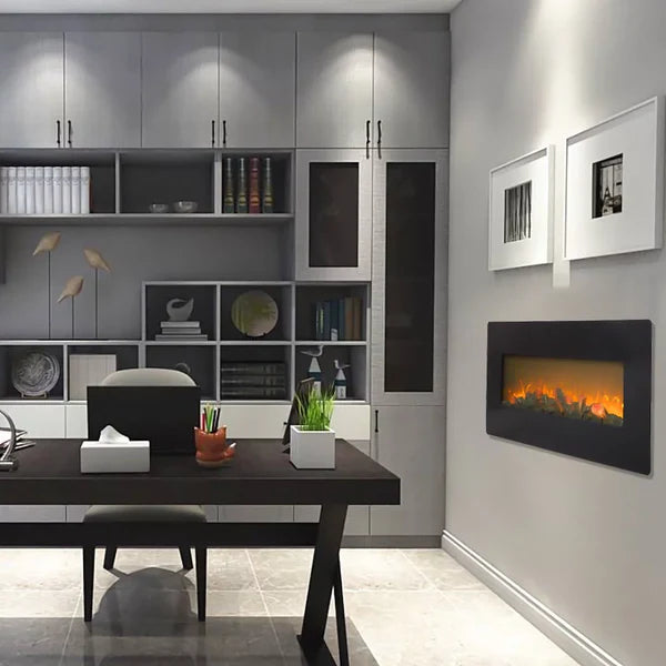 Purebath Fireplace Heaters Indoor Electric Room Heater with Remote, Wall Hanging Space Heater 3D 1400W Electric Fireplace Heater with Realistic Fake Wood 3 Flame Settings, 42"x4.2"x17", CSA Certified, Q6657